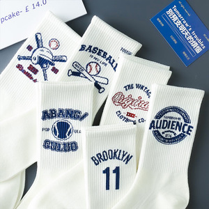 White Crew <b>Socks</b> Baseball Print Cotton Breathable Casual Adults Spring Knitted <b>Socks</b> - Product Image 2