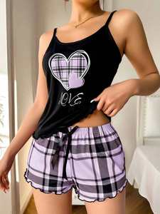 Pijama de lujo de verano para mujer ODM, conjunto casual de moda con cintura elástica, estampado de letras, pantalones cortos a cuadros y tirantes para dormir en casa. - Product Image 6