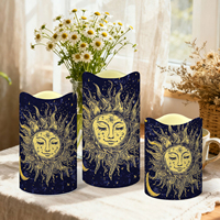 Velas LED Decorativas sin Llama, 3 Piezas, Diseño Personalizado de Fábrica con Patrón Celestial de Sol, Estrella y Luna, Borde Festoneado, Control Remoto