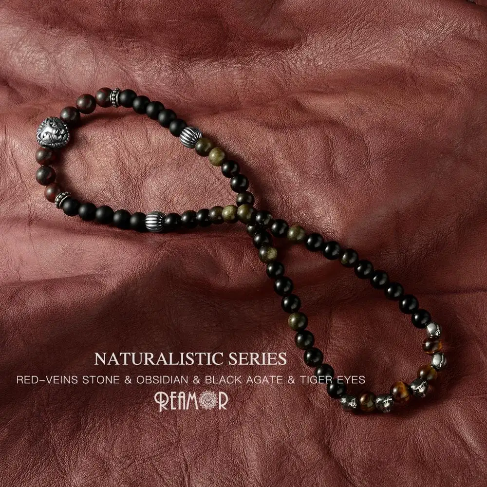 REAMOR Natural Matte Black Onyx Bead Elastic Bracelet Stainless Steel Skull Charm Bead Buddha Head Lion Beads Bracelet For Mens