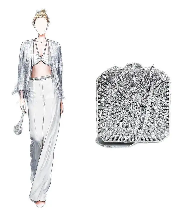 2022 Fashion Luxury Sparkle Square Shape Purse Rhinestone Bridal Clutch Bag Gold Silver Pochette Soiree Crystal Evening Bags