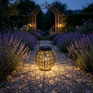 Farol <span class=keywords><strong>Solar</strong></span> Metálico Vintage Personalizado <span class=keywords><strong>con</strong></span> Diseño Floral Calado, Lámpara Colgante de Bronce Antiguo para Decoración de Jardín y Patio Exterior - Product Image 1