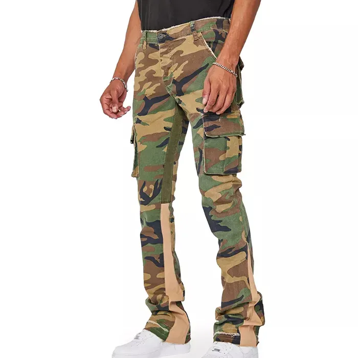 Pantalones vaqueros de camuflaje para hombre, jeans apilados personalizados con bolsillo, color cargo, venta de fabricante