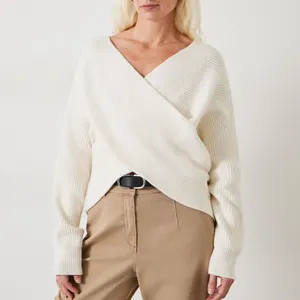 Vendeur de pulls de haute qualité pour femmes, vente en gros de tricots, pull vintage solide en tricot croisé avec col en V devant pour femmes