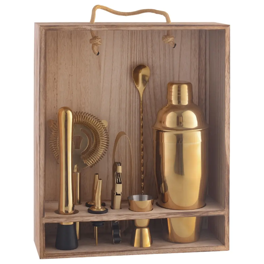 Benutzer definierte verschiedene Stile Holzkiste Barware Edelstahl Bar Werkzeuge Cocktail Making Set Kit Barkeeper Cocktail Shaker Set Gold