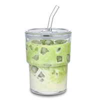 Gobelet en verre de 13 oz avec paille et couvercle hermétique, réutilisable, pour café glacé, verre à café à paroi épaisse