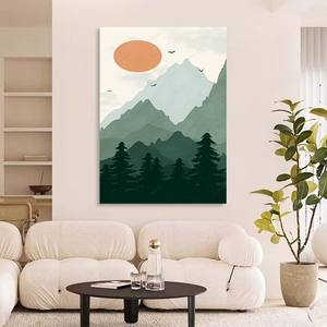 Pintura de montaña al atardecer con pájaros voladores-Tinta China paisaje lienzo arte Zen meditación decoración de pared para sala de estar - Product Image 1