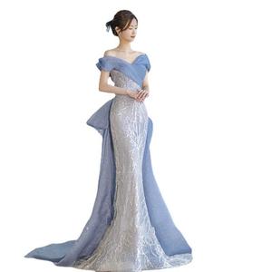blue fish dress Blue Fish Cut Ombre Trail Embroidered Gown main image 0