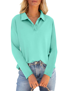 <b>Womens</b> <b>Long</b> <b>Sleeve</b> <b>Polo</b> <b>Shirt</b> Turn Down Collar Button Mint Green Solid Casual Tops - Product Image 1