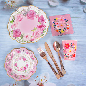 Assiettes et serviettes en papier florales de luxe, fournitures de fête, décoration florale rose pour baby shower, bridal shower, tea party, <span class=keywords><strong>anniversaire</strong></span> - Product Image 1
