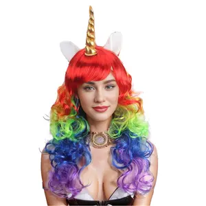 Perruque arc-en-ciel multicolore avec corne de licorne et oreilles perruque cosplay bouclée