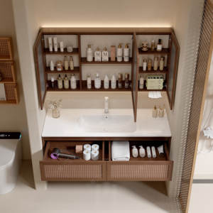 Meuble de salle de bain mural anti-buée en chêne rouge tressé en rotin style Wabi-sabi avec lavabo en céramique intégré et toilettes combinées - Product Image 5