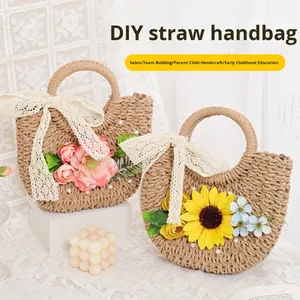 Borsa fatta a mano fai da te in paglia di fiori artificiali fodera in poliestere borsa per eventi di riscaldamento saloni di Team Building regali per feste - Product Image 1