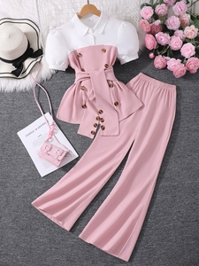 Nuovo stile per ragazze adolescenti, camicia a maniche corte con patchwork + pantaloni casual a tinta unita, completo da 2 pezzi. - Product Image 2