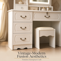 Coiffeuse de maquillage vintage moderne européenne avec miroir arqué éclairé, ensemble de table de toilette blanc cassé pour chambre à coucher, idéal pour usage hôtelier