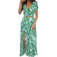 Hawaii Style femmes à manches courtes robe longue Kalo feuilles imprimer col en V à manches courtes jupe longue costume élégant dame deux pièces costumes