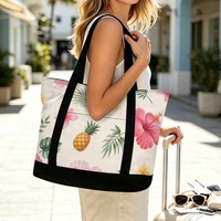 Sac de shopping en toile à imprimé hibiscus et plumeria hawaïen tendance avec fermeture éclair et longues poignées de transport
