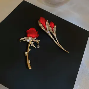 Bros Bunga Mawar Berlian Imitasi Merah Tulip Elegan
