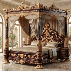 Cama con Dosel de Madera Maciza Tallada de Estilo Real Europeo de Lujo, Juego de Muebles de Dormitorio con Tapicería Personalizada, Garantía de 5 Años - Product Image 3