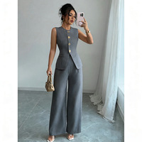 Nouvel ensemble deux pièces pour femme : gilet blazer sans manches et pantalon taille haute à jambes larges – Tenue de bureau élégante pour l'été en polyester
