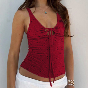 Top en tissu texturé simple et polyvalent à col en V avec bretelles, haut sexy à lacets et découpes pour femme, coupe ajustée - Product Image 5