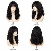 Perruque synthétique noire pour femme, ondulations moyennes, en fibre haute température, avec frange aérienne, résistante à la chaleur, bonnet en filet rose ajustable