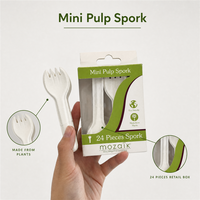 Boîte de présentation personnalisée pour la vente au détail avec languette de suspension, mini-fourchette-cuillère en pulpe végétale, 24 pièces de couverts jetables pour supermarché