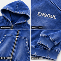 ODM/OEM Personnalisé Sweat à capuche pour homme en molleton bouclette, entièrement zippé, coupe courte, style streetwear, délavé à l'acide, effet vieilli et effiloché, avec broderie et clous