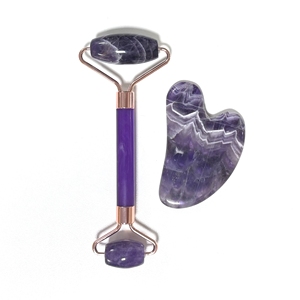 100% Natural Crystal Anti Puffiness Amethyst Face <b>Massager</b> Jade Roller and Gua Sha <b>Set</b> - Product Image 1