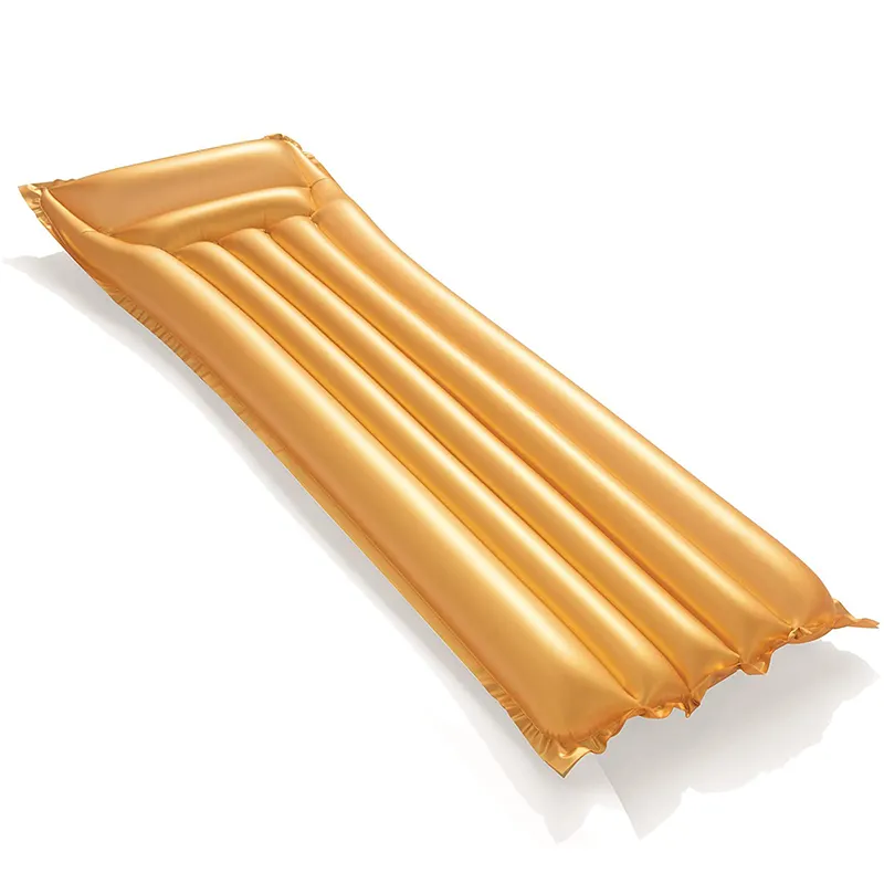 Espreguiçadeira inflável em PVC dourado personalizada de fábrica, colchão de água de plástico para piscina, cama de ar, tapete de praia, flutuador