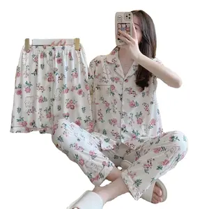 2024 novo pijama de três peças de verão de alta qualidade moda algodão terno leite seda dos desenhos animados cardigan lapela casa feminina roupa casual