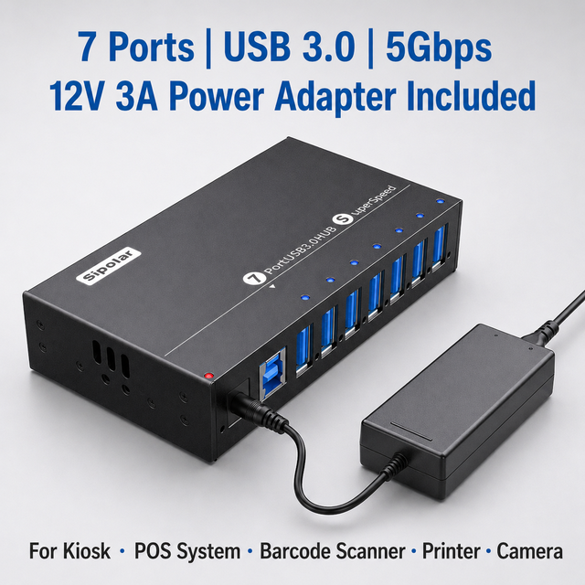 Sipolar 7 Port USB 3.0 Powered Hub 36W for Kiosk System POS Barcode Scanner Printer Camera Data Transfer