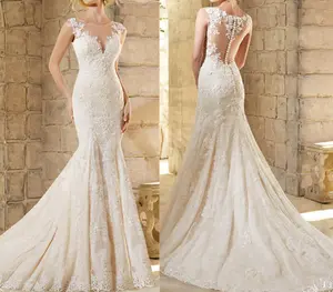 Custom Plus Size Elegant V Neck Slim Fit Lace Embroidered Applique Mermaid Wedding Dress