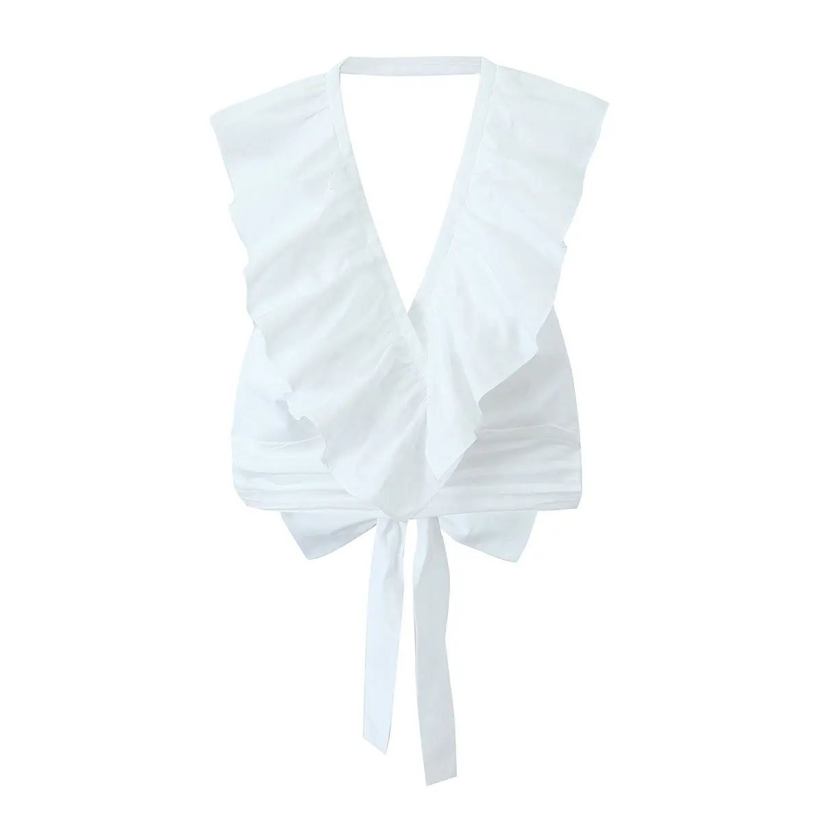 צוואר V צבע לבן קדמי סלסול ללא שרוולים גב עניבת פרפר קז'ואל גופיית אופנה מזדמנת לנשים