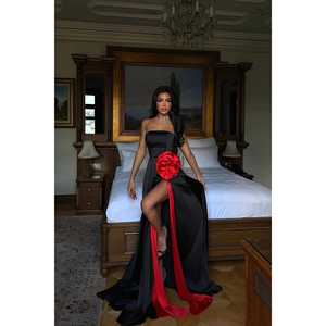 Black Roseline Ball <b>Gown</b> Evening Dress Short Sleeves <b>Floor</b>-<b>Length</b> Featuring Rose Detail Feathers Floral Decoration ODM XS XL - Product Image 4