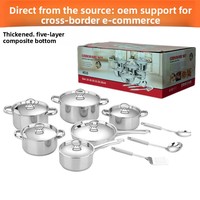 Ensemble de 15 ustensiles de cuisine en acier inoxydable avec fond composite simple/5 couches/7 couches, marmite épaissie, poêle à frire et couvercle en verre