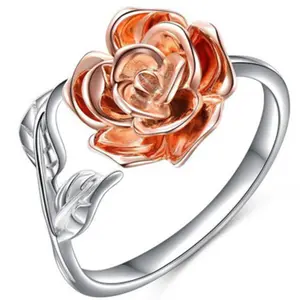 OEM Bague Pour Femme China Silver Cuff Flower Design Cheap Women Jewelry Adjustable Rose Ring