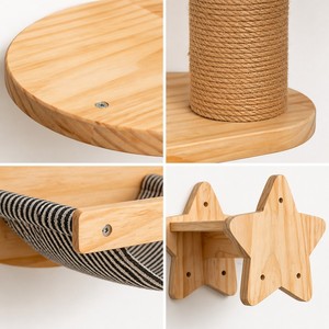 Juego de estantes de pared para gatos de madera natural, estante en forma de estrella, poste rascador de sisal, hamaca de tela, escalones de tela, muebles de pared para gatos - Product Image 3