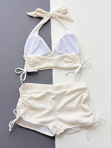 Slip de bain taille haute col en V luxe couleur unie Spandex/Nylon élégant Bikini maillots de bain vêtements de plage - Product Image 4