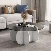 Table basse moderne convertible avec plateau en verre rond, base en piédestal cannelé, finition blanche, table d'appoint pour salon, meubles pour petits espaces