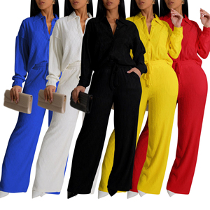 Women's Long-Sleeve Ruched Casual Shirt & Elastic Waist Straight-Leg <b>Pants</b> Two-Piece Set Fashion - Product Image 1