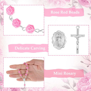 Pulsera de Rosario con Flores de Rosa Rosa, Brazalete con Cruz Hecho a Mano con Aguja Curva, Pulsera <span class=keywords><strong>para</strong></span> Fiesta de <span class=keywords><strong>Bautizo</strong></span> con Embalaje en Bolsa de Organza - Product Image 2