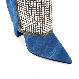 Denim Diamonds Patchwork Overlay Booties Women's Shiny Rhinestone Knee High <b>Boots</b> Blue High Chunky Heel Shoes Large Size 45 - Product Image 6