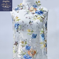 Tissu en dentelle de maille brodée de sequins floraux multicolores blancs de luxe, 100% polyester, pour robe de mariée, robe de soirée, décoration