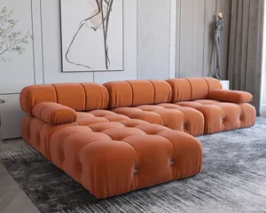 Sofa Sectional Bentuk L Nordic dengan Sofa Panjang Modular Kombinasi Ottoman Beludru