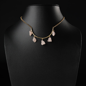 Raw Rose Quartz Crescent Bar <b>Necklace</b> Pink Crystal Gold Tone Curb Chain Modern Elegant <b>Statement</b> Jewelry for Women - Product Image 1