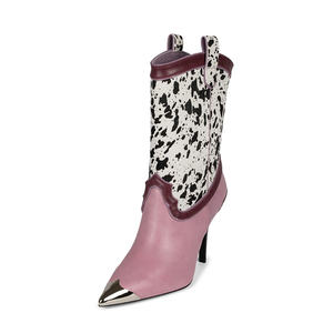 Botas de tacón medio de estilo occidental para mujer, botines rosas con punta de metal, zapatos de cuero vaquero - Product Image 2