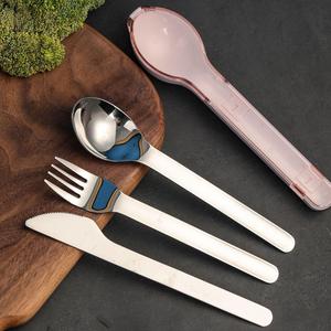 Estuche portátil de viaje para Picnic al aire libre para acampar, cuchara plateada, tenedor, cuchillo, 3 uds., cubiertos de acero inoxidable, juego de cubiertos azul y rosa - Product Image 3