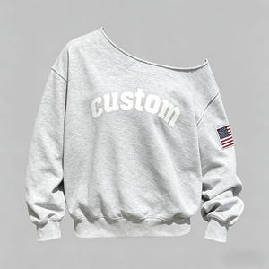 Sudadera Oversize Personalizada para Mujer con Hombros Descubiertos, Estilo Casual Holgado con Parches, Borde Deshilachado y Manga Larga - Product Image 1