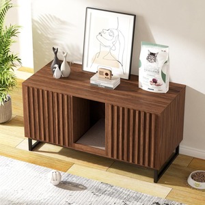 Modern Wooden Walnut Fluted Hidden Cat <strong>Litter</strong> <strong>Box</strong> <strong>Furniture</strong> for 2 Cats-Eco-Friendly Durable Scratch-Resistant - Product Image 5